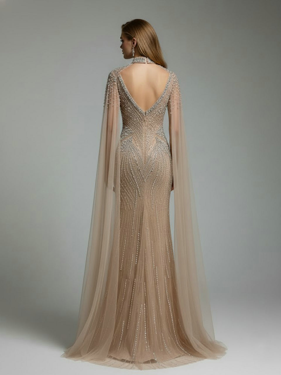 Luxury Champagne Beaded Mermaid Evening Gown with Sheer Cape Sleeves MC20122