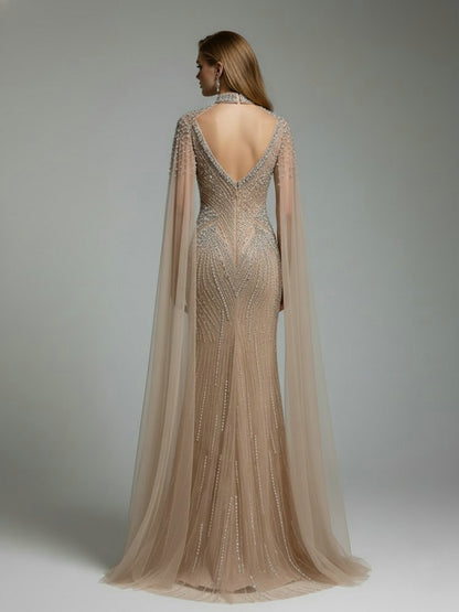 Luxury Champagne Beaded Mermaid Evening Gown with Sheer Cape Sleeves MC20122