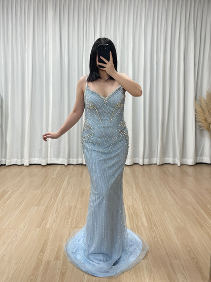 Luxury Champagne Beaded Mermaid Evening Gown with Sheer Cape Sleeves MC20122