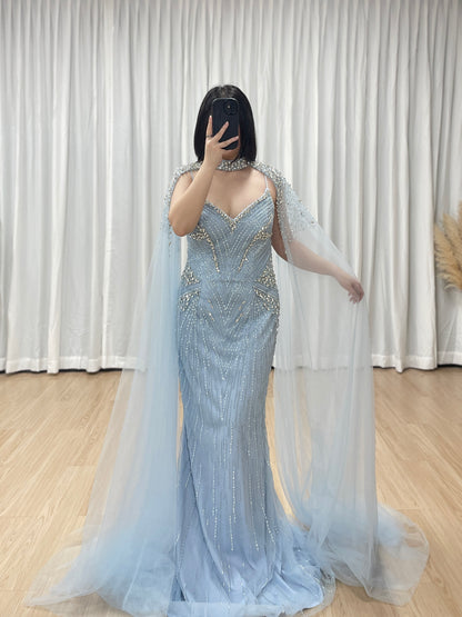 Luxury Champagne Beaded Mermaid Evening Gown with Sheer Cape Sleeves MC20122