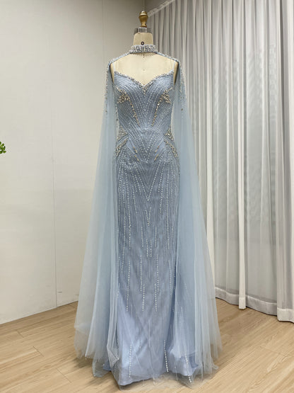 Luxury Champagne Beaded Mermaid Evening Gown with Sheer Cape Sleeves MC20122