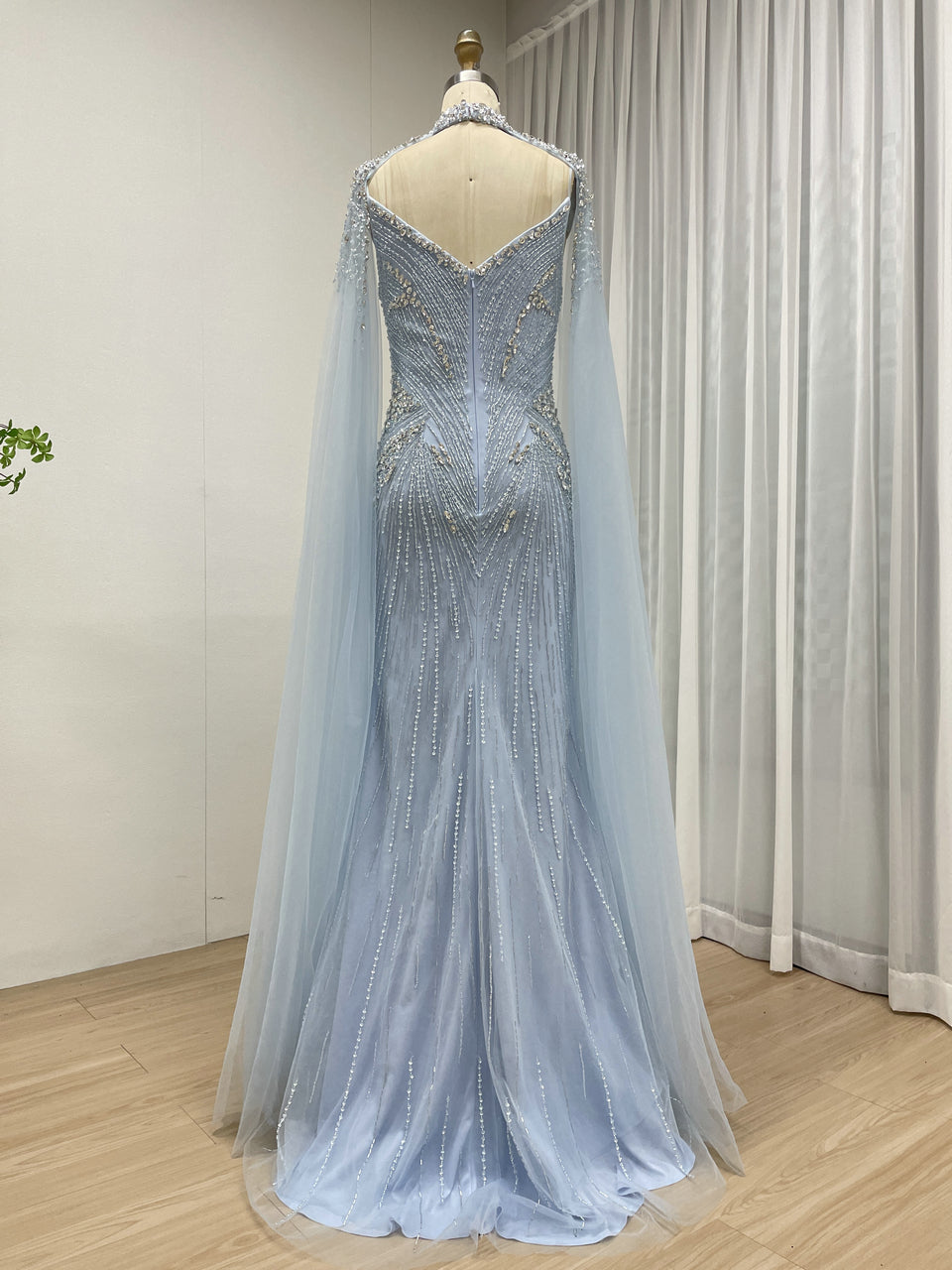 Luxury Champagne Beaded Mermaid Evening Gown with Sheer Cape Sleeves MC20122