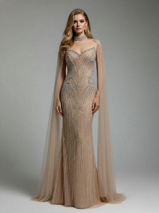 Luxury Champagne Beaded Mermaid Evening Gown with Sheer Cape Sleeves MC20122