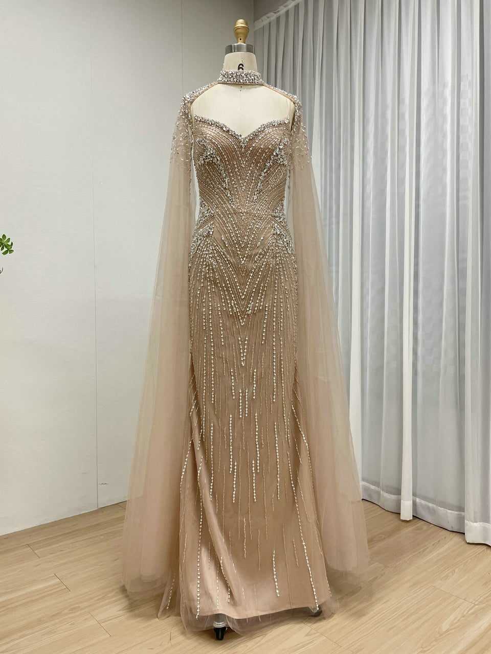 Luxury Champagne Beaded Mermaid Evening Gown with Sheer Cape Sleeves MC20122
