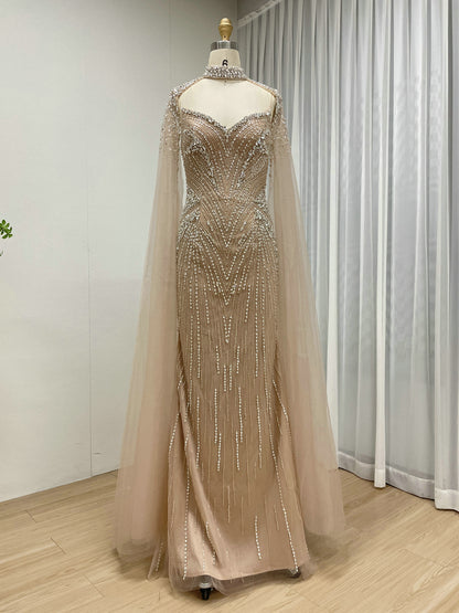 Luxury Champagne Beaded Mermaid Evening Gown with Sheer Cape Sleeves MC20122