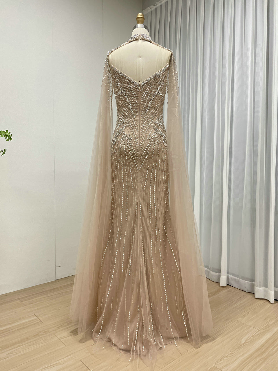 Luxury Champagne Beaded Mermaid Evening Gown with Sheer Cape Sleeves MC20122