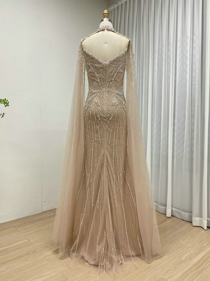 Luxury Champagne Beaded Mermaid Evening Gown with Sheer Cape Sleeves MC20122