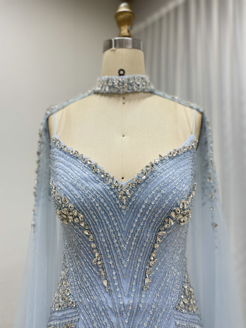 Luxury Champagne Beaded Mermaid Evening Gown with Sheer Cape Sleeves MC20122