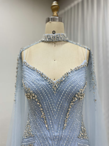 Luxury Champagne Beaded Mermaid Evening Gown with Sheer Cape Sleeves MC20122
