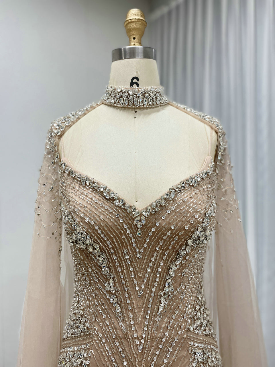 Luxury Champagne Beaded Mermaid Evening Gown with Sheer Cape Sleeves MC20122
