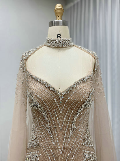 Luxury Champagne Beaded Mermaid Evening Gown with Sheer Cape Sleeves MC20122
