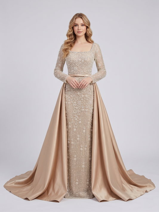 Champagne Pearl Encrusted Long Sleeve Evening Gown with Detachable Satin Overskirt MC20123