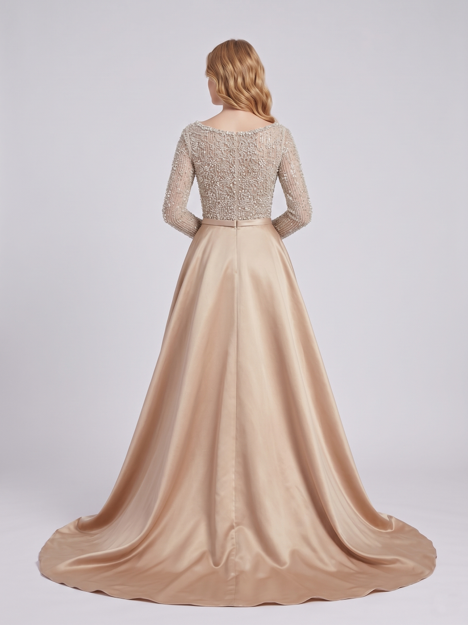 Champagne Pearl Encrusted Long Sleeve Evening Gown with Detachable Satin Overskirt MC20123