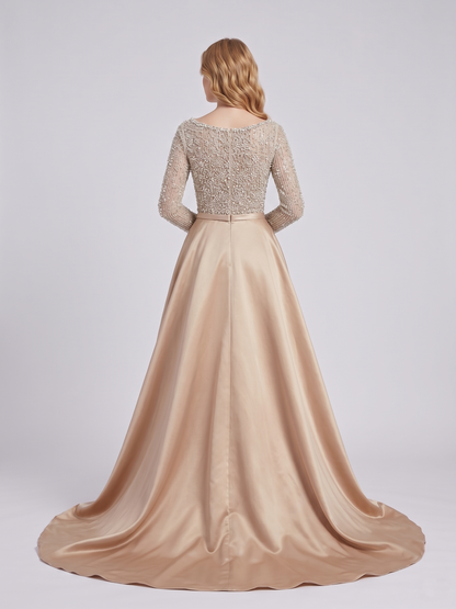 Champagne Pearl Encrusted Long Sleeve Evening Gown with Detachable Satin Overskirt MC20123
