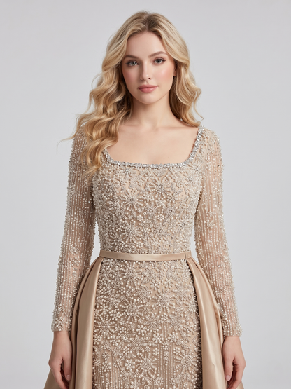 Champagne Pearl Encrusted Long Sleeve Evening Gown with Detachable Satin Overskirt MC20123