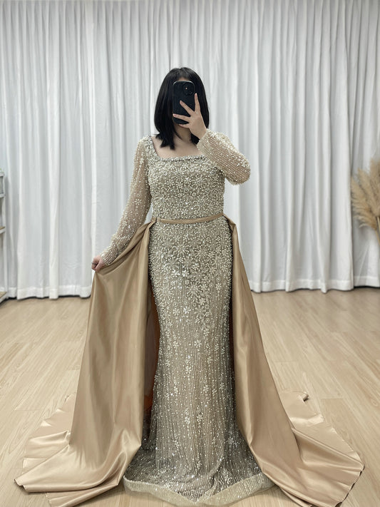 Champagne Pearl Encrusted Long Sleeve Evening Gown with Detachable Satin Overskirt MC20123