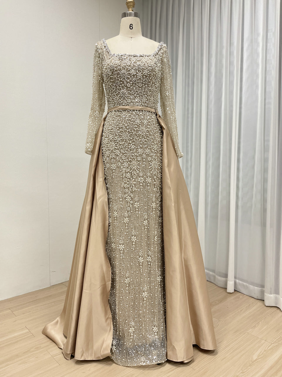 Champagne Pearl Encrusted Long Sleeve Evening Gown with Detachable Satin Overskirt MC20123