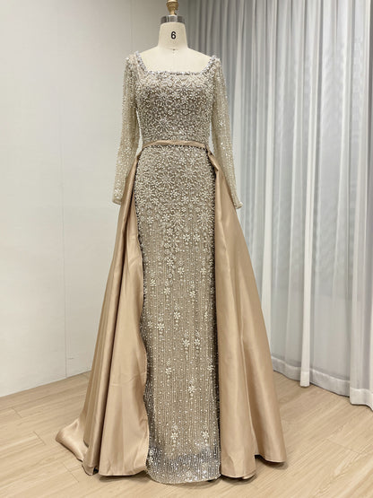 Champagne Pearl Encrusted Long Sleeve Evening Gown with Detachable Satin Overskirt MC20123