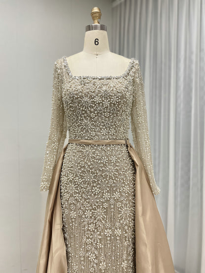 Champagne Pearl Encrusted Long Sleeve Evening Gown with Detachable Satin Overskirt MC20123