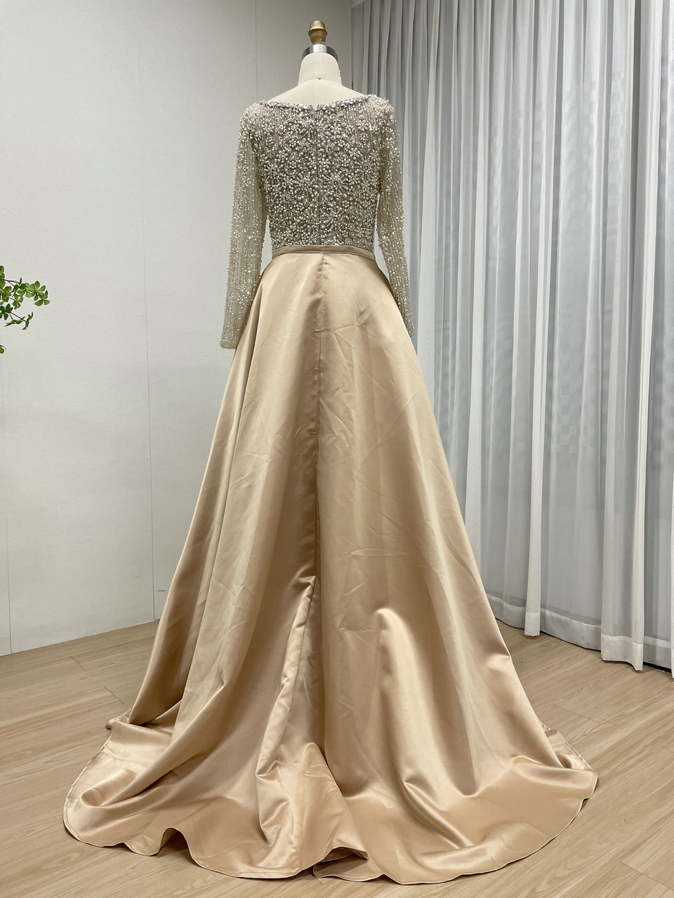 Champagne Pearl Encrusted Long Sleeve Evening Gown with Detachable Satin Overskirt MC20123