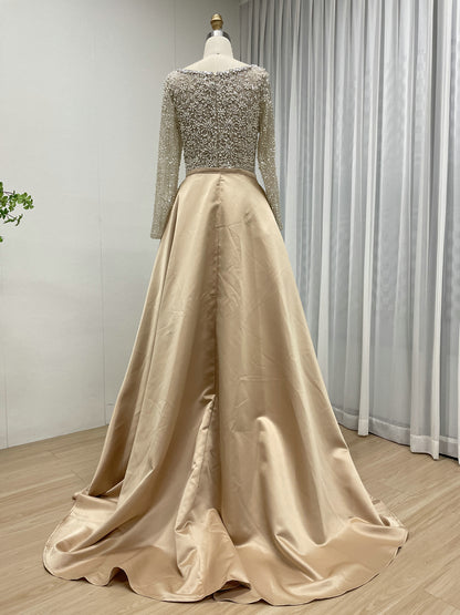 Champagne Pearl Encrusted Long Sleeve Evening Gown with Detachable Satin Overskirt MC20123