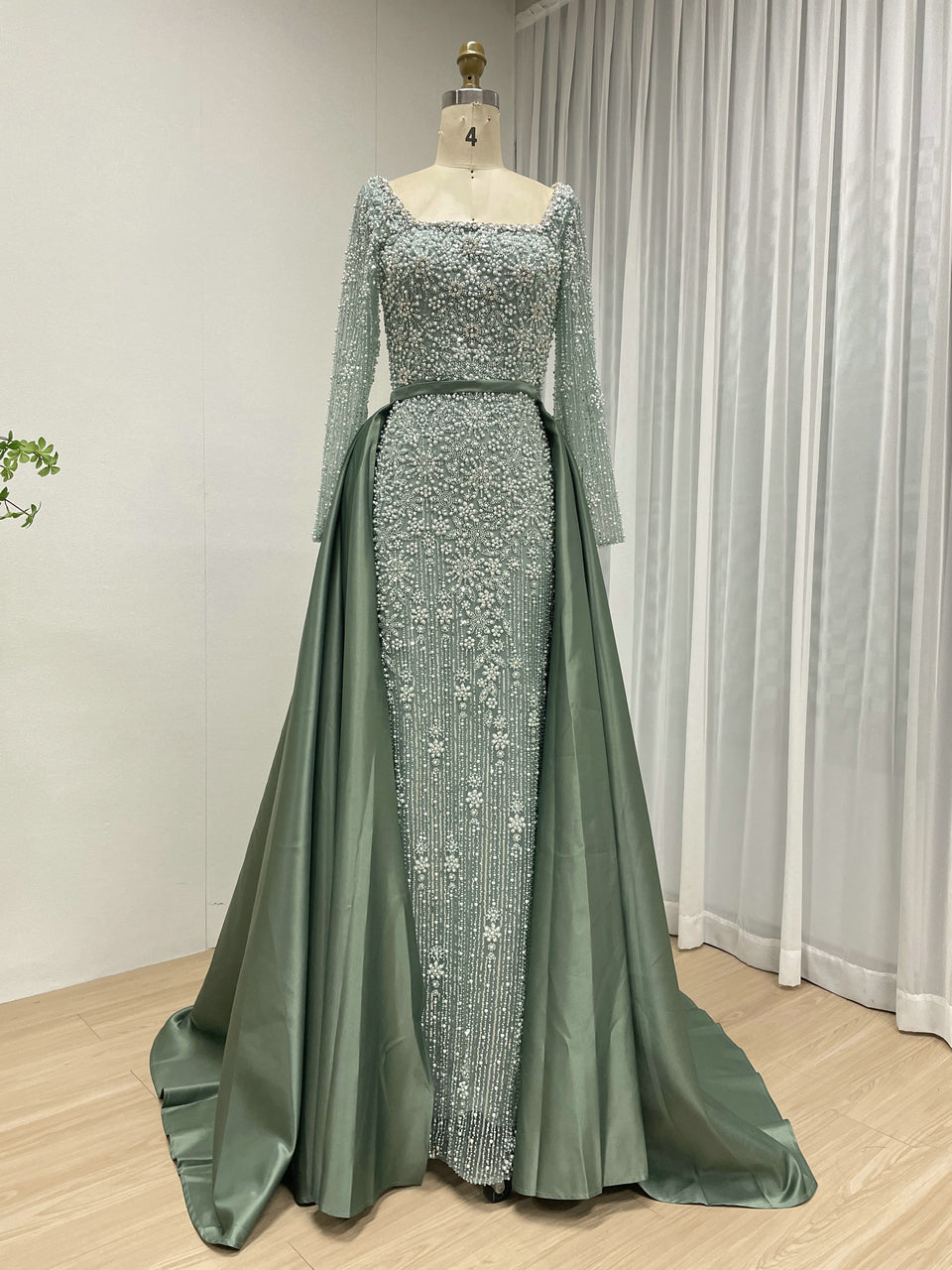 Champagne Pearl Encrusted Long Sleeve Evening Gown with Detachable Satin Overskirt MC20123