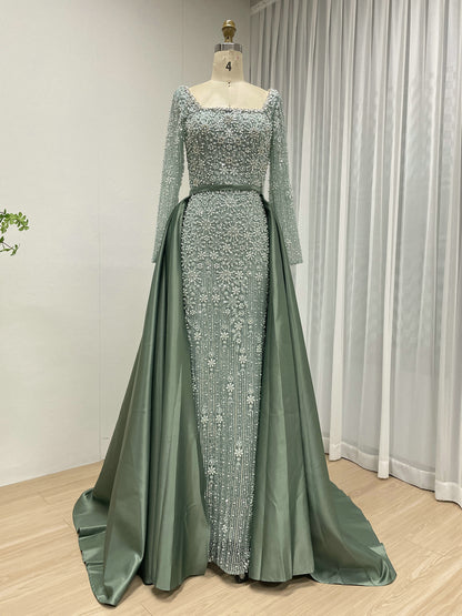 Champagne Pearl Encrusted Long Sleeve Evening Gown with Detachable Satin Overskirt MC20123