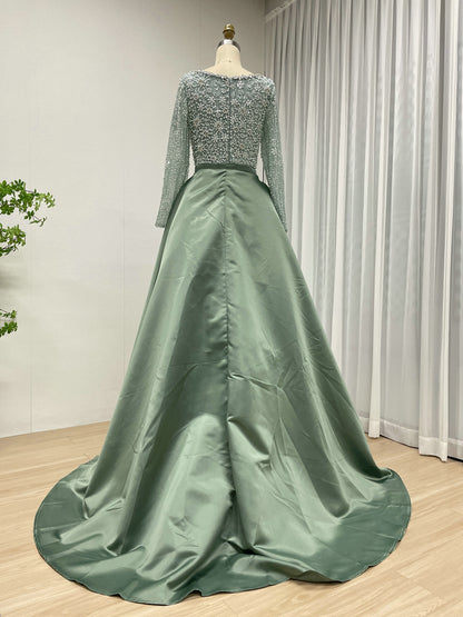 Champagne Pearl Encrusted Long Sleeve Evening Gown with Detachable Satin Overskirt MC20123