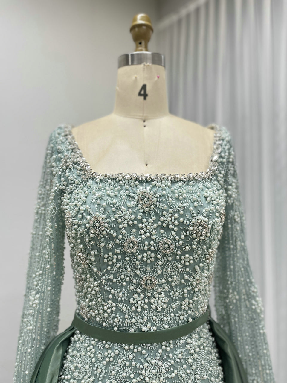 Champagne Pearl Encrusted Long Sleeve Evening Gown with Detachable Satin Overskirt MC20123