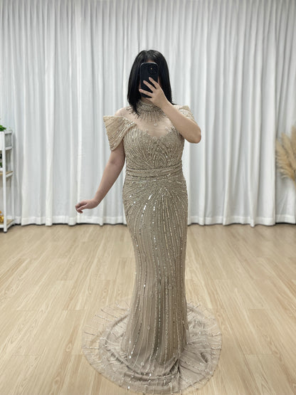 Luxury Hand-Beaded Caramel Mermaid Evening Gown - High Neck Cold-Shoulder Gala Dress MC20125