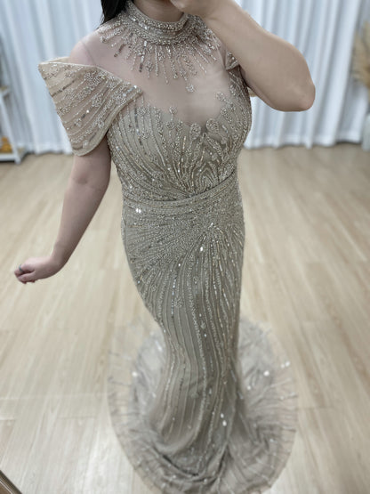 Luxury Hand-Beaded Caramel Mermaid Evening Gown - High Neck Cold-Shoulder Gala Dress MC20125