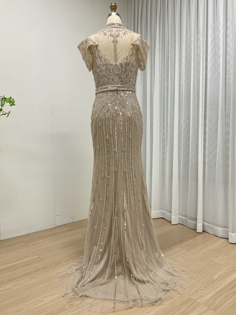 Luxury Hand-Beaded Caramel Mermaid Evening Gown - High Neck Cold-Shoulder Gala Dress MC20125