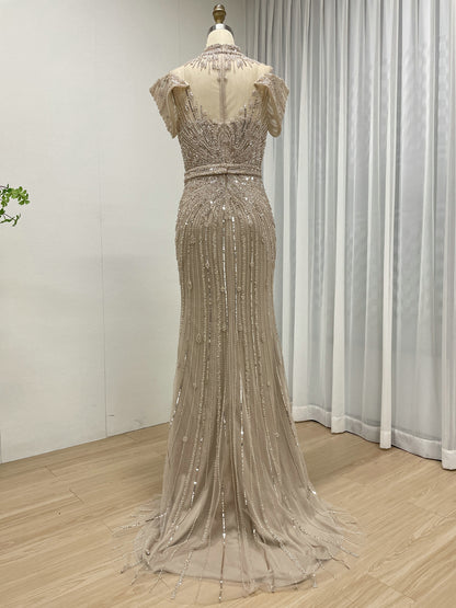 Luxury Hand-Beaded Caramel Mermaid Evening Gown - High Neck Cold-Shoulder Gala Dress MC20125