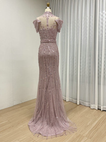 Luxury Hand-Beaded Caramel Mermaid Evening Gown - High Neck Cold-Shoulder Gala Dress MC20125