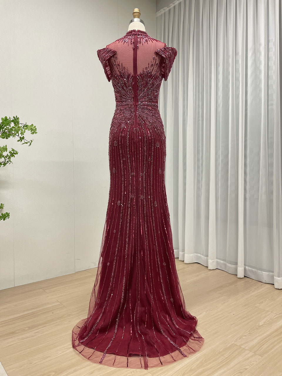 Luxury Hand-Beaded Caramel Mermaid Evening Gown - High Neck Cold-Shoulder Gala Dress MC20125