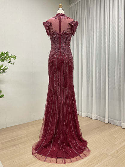 Luxury Hand-Beaded Caramel Mermaid Evening Gown - High Neck Cold-Shoulder Gala Dress MC20125