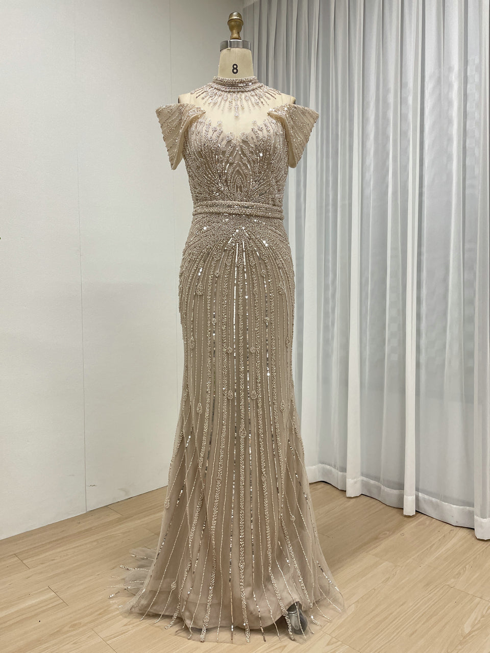 Luxury Hand-Beaded Caramel Mermaid Evening Gown - High Neck Cold-Shoulder Gala Dress MC20125
