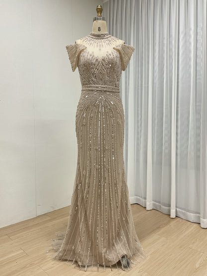 Luxury Hand-Beaded Caramel Mermaid Evening Gown - High Neck Cold-Shoulder Gala Dress MC20125