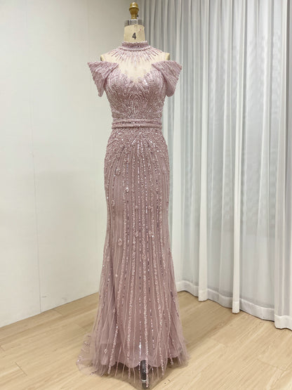 Luxury Hand-Beaded Caramel Mermaid Evening Gown - High Neck Cold-Shoulder Gala Dress MC20125
