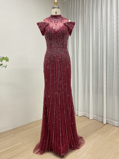 Luxury Hand-Beaded Caramel Mermaid Evening Gown - High Neck Cold-Shoulder Gala Dress MC20125