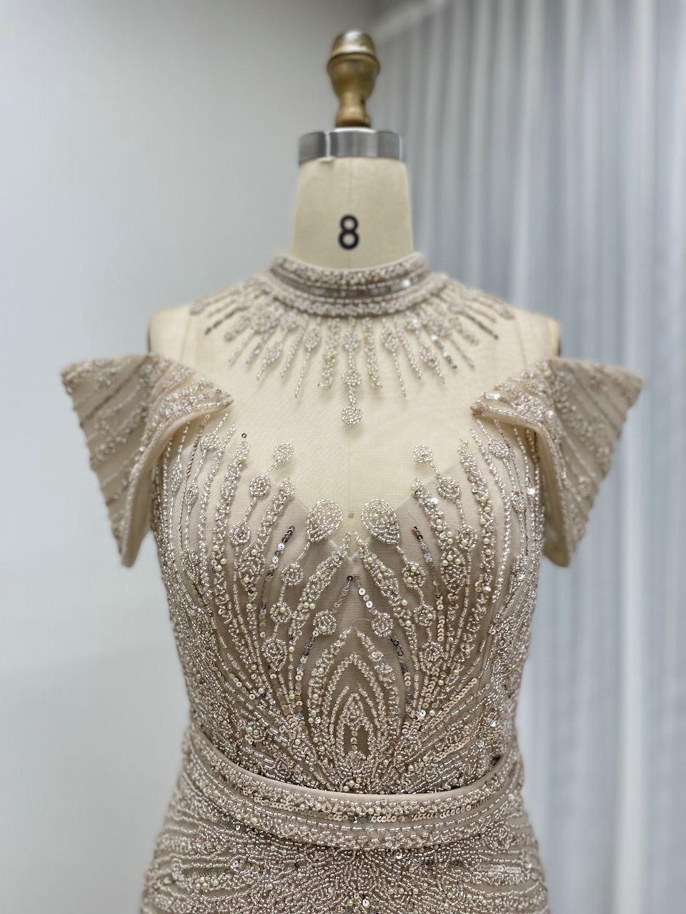 Luxury Hand-Beaded Caramel Mermaid Evening Gown - High Neck Cold-Shoulder Gala Dress MC20125