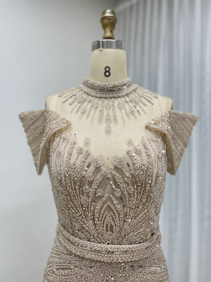 Luxury Hand-Beaded Caramel Mermaid Evening Gown - High Neck Cold-Shoulder Gala Dress MC20125