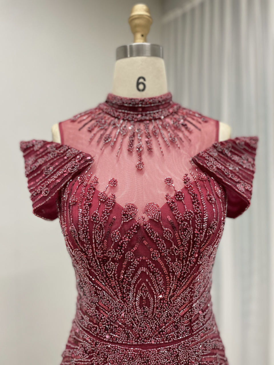 Luxury Hand-Beaded Caramel Mermaid Evening Gown - High Neck Cold-Shoulder Gala Dress MC20125