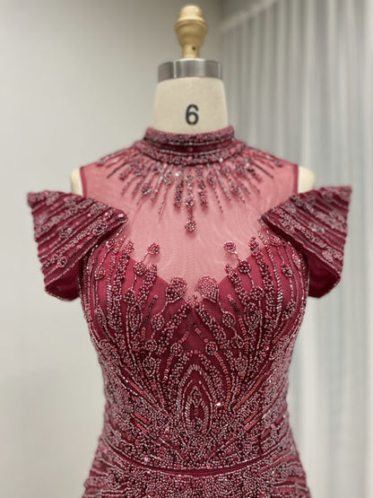 Luxury Hand-Beaded Caramel Mermaid Evening Gown - High Neck Cold-Shoulder Gala Dress MC20125