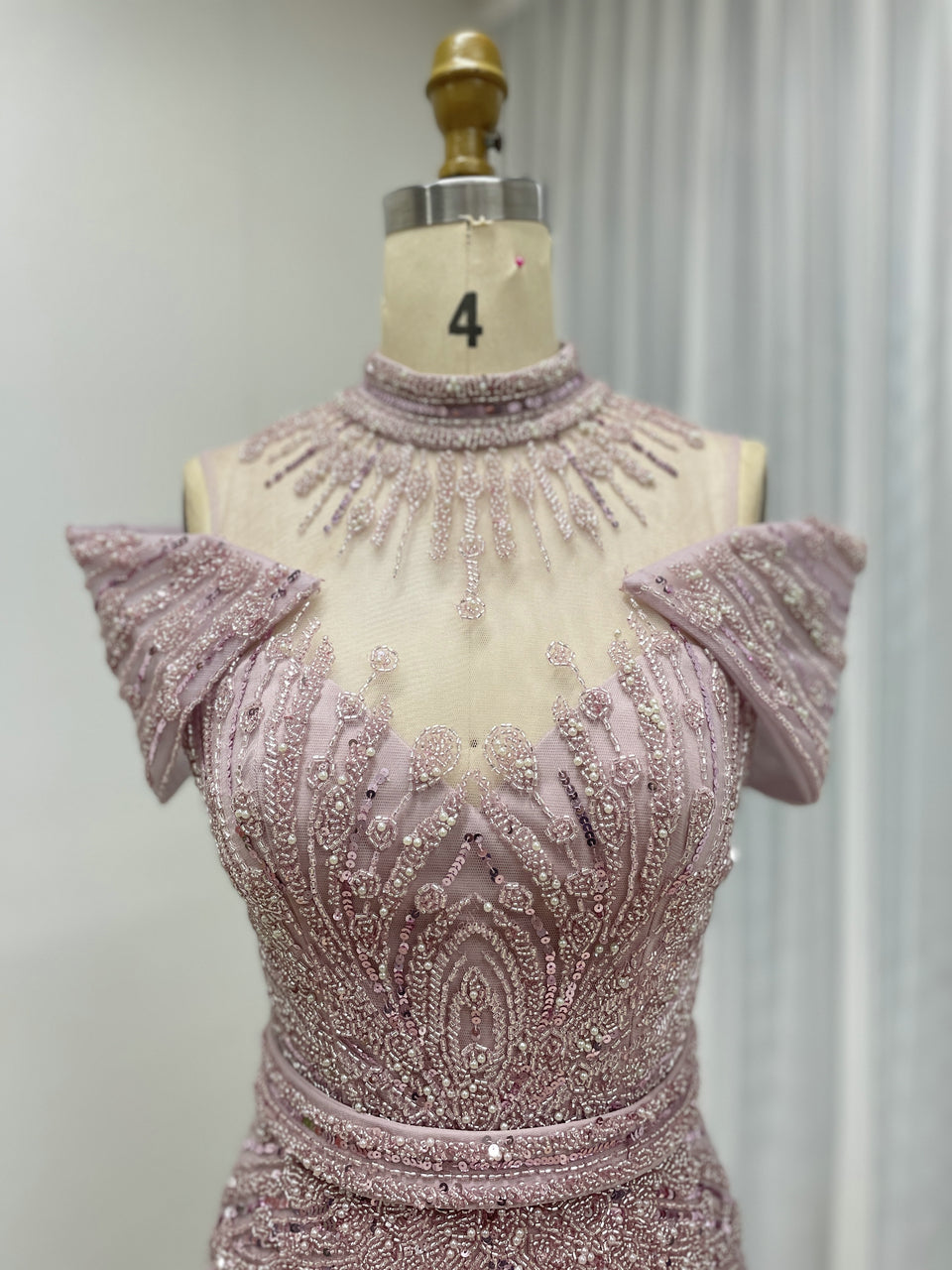 Luxury Hand-Beaded Caramel Mermaid Evening Gown - High Neck Cold-Shoulder Gala Dress MC20125