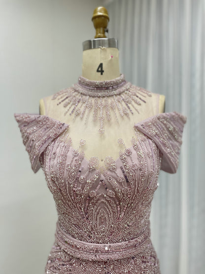 Luxury Hand-Beaded Caramel Mermaid Evening Gown - High Neck Cold-Shoulder Gala Dress MC20125