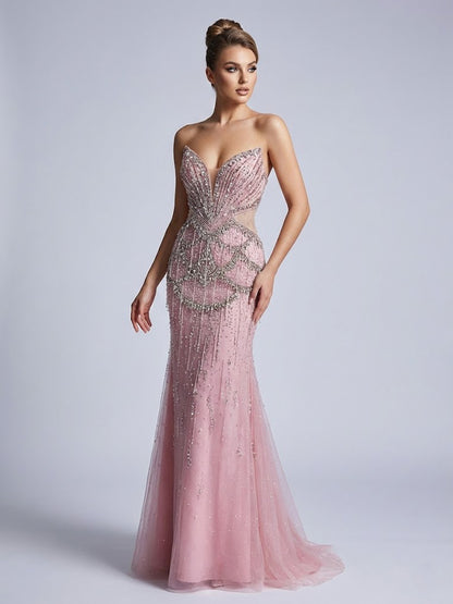 Pink Beaded Mermaid Prom Dress - Sparkly Sleeveless Evening Gown MC20126