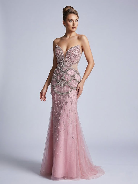 Pink Beaded Mermaid Prom Dress - Sparkly Sleeveless Evening Gown MC20126