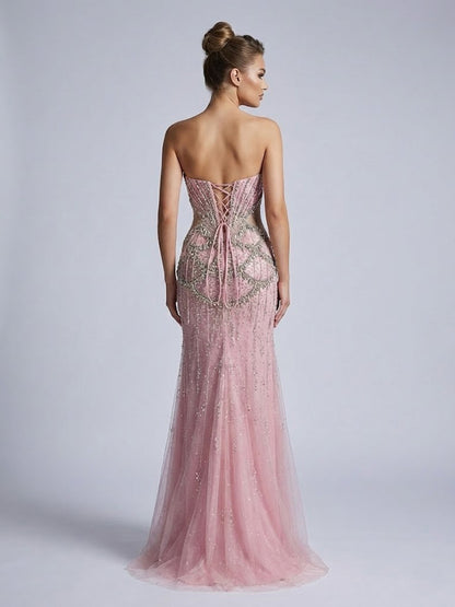 Pink Beaded Mermaid Prom Dress - Sparkly Sleeveless Evening Gown MC20126