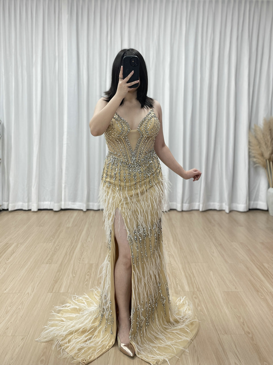 Luxe Champagne Beaded Evening Gown with Feather Hem & High Slit MC20127